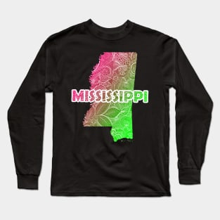 Colorful mandala art map of Mississippi with text in pink and green Long Sleeve T-Shirt